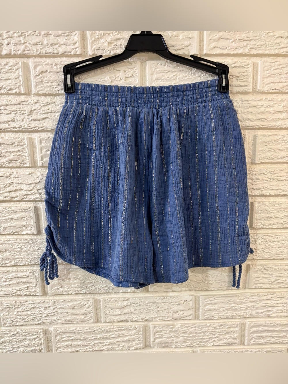 Aerie Women’s Blue Striped Knit Cotton Gauzy Lurex Cinched Short with Pockets XS